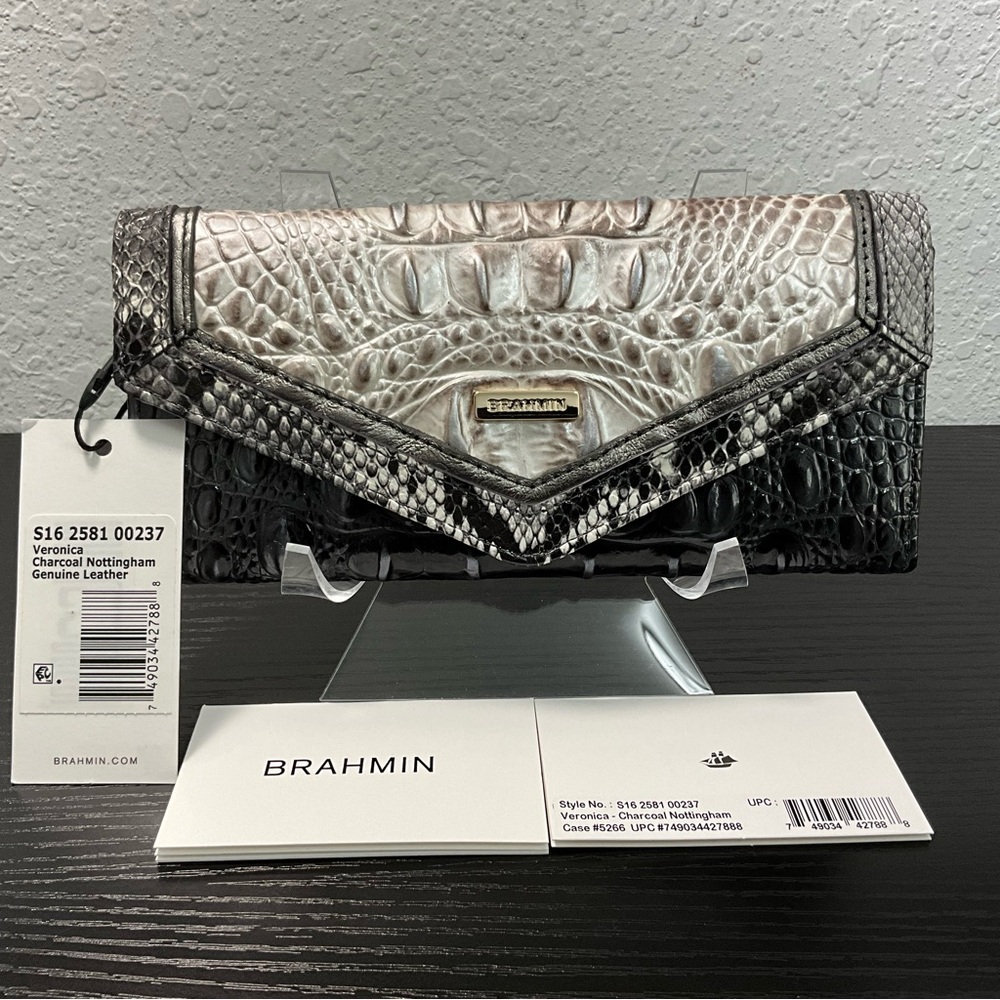 Brahmin Veronica CHARCOAL NOTTINGHAM Mixed Leather Envelope Wallet NWT